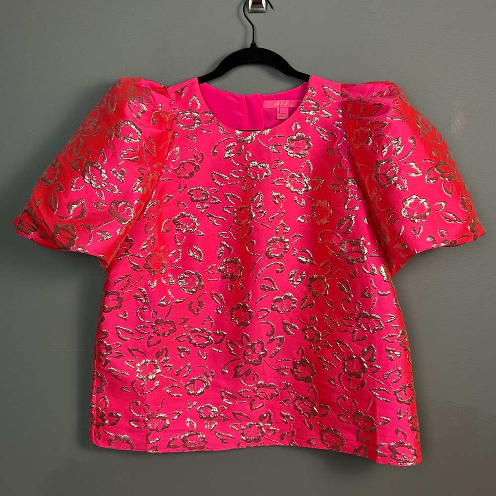 Lilly Pulitzerβ top Large Pratt Hot Pink Gold Brocade Puff Sleeve Colorful Glam